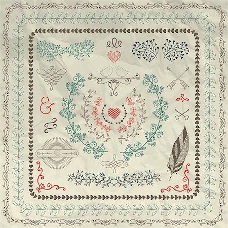 Hand Sketched Doodle Rustic Borders and Design Elements. Decorative Flourish Frames, Wreaths, Laurels, Branches. Vector Illustration. Pattern Brushes Stock Photo - Budget Royalty-Free & Subscription, Code: 400-08191906