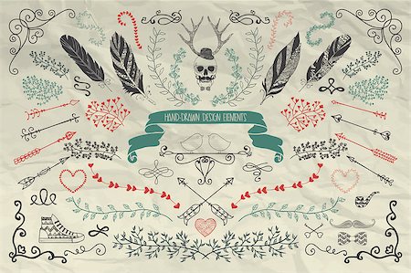 Set of Artistic Hand Sketched Colorful Doodle Design Elements on Crumpled Paper Texture. Decorative Floral Arrows, Branches, Swirls, Objects. Rustic Vintage Vector Illustration. Pattern Brushes. Stock Photo - Budget Royalty-Free & Subscription, Code: 400-08191903
