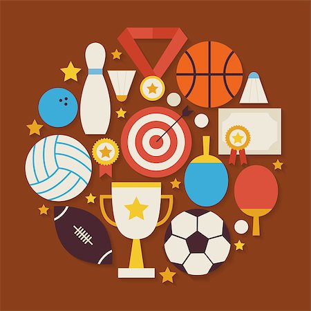 Sport Recreation and Competion Vector Flat Design Circle Shaped Objects Set with Shadow. Flat Design Vector Illustration. Collection of Sports and Activities Colorful Objects. Set of Modern Team Games First place and Sport Items with Shadow. Stock Photo - Budget Royalty-Free & Subscription, Code: 400-08192039