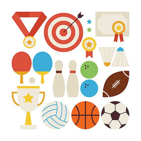 Flat Style Vector Collection of Sport Recreation and Competition Objects Isolated over White. Set of Sports and Activities Illustrations. Team Games. First place. Collection of Sport Items Stock Photo - Budget Royalty-Free & Subscription, Code: 400-08192044