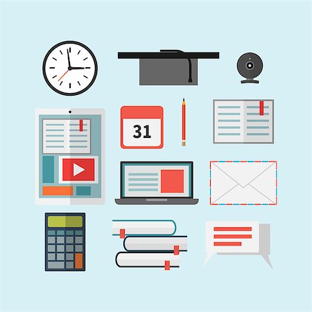 simsearch:400-08197856,k - Set of education icons. Laptop, tablet, books, calculator, hat, clock, letter and bubble speech. Flat style vector illustration. Foto de stock - Super Valor sin royalties y Suscripción, Código: 400-08192764