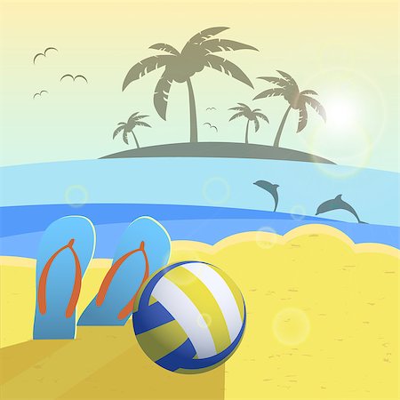 simsearch:400-05121059,k - Depicted still life beach volleyball, ball, palms and sea. Vector background Photographie de stock - Aubaine LD & Abonnement, Code: 400-08192789