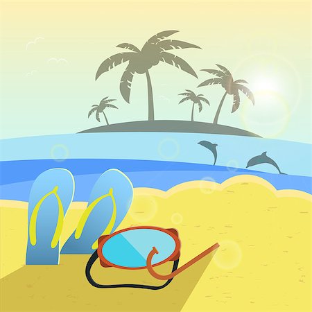 egor_zaharov (artist) - Vector illustration, summer beach, slippers and snorkeling. Summer background Fotografie stock - Microstock e Abbonamento, Codice: 400-08192790