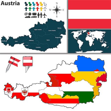 Vector map of Austria with regions with flags on white Stock Photo - Budget Royalty-Free & Subscription, Code: 400-08192894