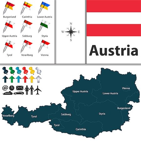 Vector map of Austria with regions with flags on white Stock Photo - Budget Royalty-Free & Subscription, Code: 400-08192893