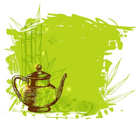 drawing lemon - Green background with bamboo branch, lemon and teapot Stock Photo - Budget Royalty-Free & Subscription, Code: 400-08192926