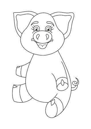 Vector illustration of cute pig, funny piggy sitting and smiling, coloring book page for children Stock Photo - Budget Royalty-Free & Subscription, Code: 400-08192978