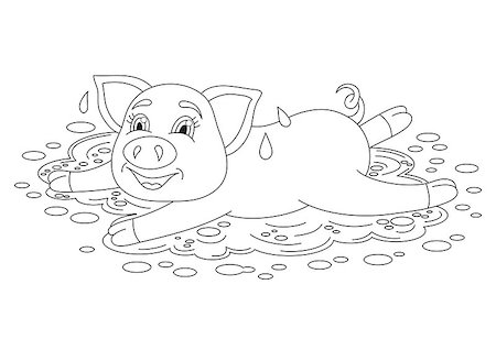 Vector illustration of cute pig in a puddle, funny piggy standing on water puddle, coloring book page for children Stock Photo - Budget Royalty-Free & Subscription, Code: 400-08192970