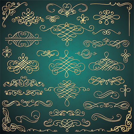 simsearch:400-08755813,k - Set of Hand Drawn Golden Luxury Royal Design Elements. Decorative Glossy Swirls, Scrolls, Text Frames, Dividers. Vintage Vector Illustration. Stock Photo - Budget Royalty-Free & Subscription, Code: 400-08193472