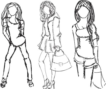 Drawn fashion girls  in different postures on white. Vector illustration Stock Photo - Budget Royalty-Free & Subscription, Code: 400-08193588