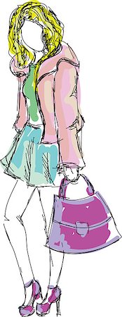 Drawn colored fashion young girl with bag. Vector illustration Stock Photo - Budget Royalty-Free & Subscription, Code: 400-08193583
