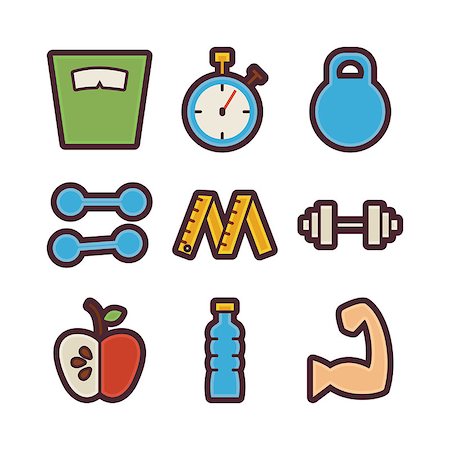 simsearch:400-07976328,k - Vector Fitness and Dieting Items Modern Flat Icons Set. Healthy Lifestyle App Web Elements Collection. Sport Equipment and Sports. Workout and Exercises. Colorful Elements for Mobile Game and Web Application Foto de stock - Royalty-Free Super Valor e Assinatura, Número: 400-08193620