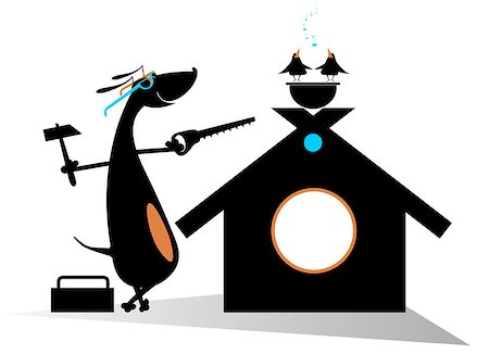 silhouette as carpenter - Comic dog holds a hammer and hacksaw and renovates doghouse Stock Photo - Budget Royalty-Free & Subscription, Code: 400-08193652