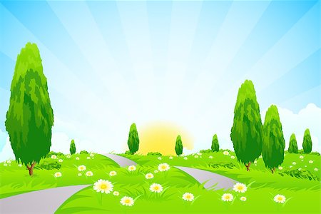 Green Landscape with trees clouds flowers and Road Stock Photo - Budget Royalty-Free & Subscription, Code: 400-08193704