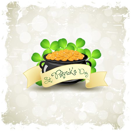 simsearch:400-06569677,k - Grungy Patricks Day Card. Cauldron with Gold Coins and Shamrock Stock Photo - Budget Royalty-Free & Subscription, Code: 400-08193740