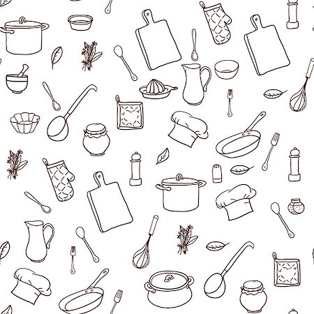 dinner plate graphic - Seamless pattern with hand drawn cookware on the lined paper. Kitchen background. Retro wallpaper with doodle kitchen equipments. Vector illustration. Stock Photo - Budget Royalty-Free & Subscription, Code: 400-08193778