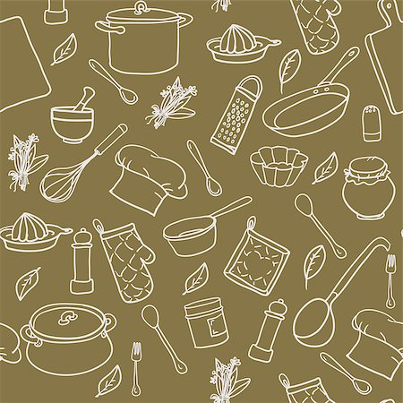 dinner plate graphic - Seamless pattern with hand drawn cookware on olive colour background. Kitchen background. Retro wallpaper with doodle kitchen equipments. Vector illustration. Foto de stock - Super Valor sin royalties y Suscripción, Código: 400-08193780