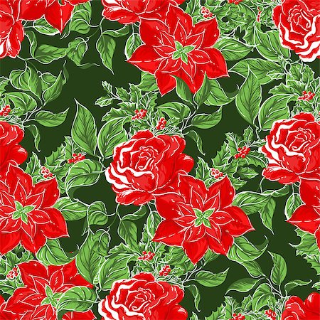 seamless pattern with Christmas flowers and roses and berries are covered snow Stock Photo - Budget Royalty-Free & Subscription, Code: 400-08193782