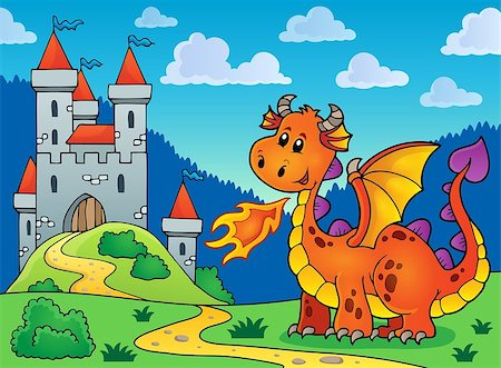 simsearch:400-04236782,k - Happy orange dragon near castle - eps10 vector illustration. Photographie de stock - Aubaine LD & Abonnement, Code: 400-08193861