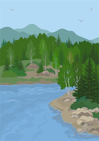 simsearch:400-04804407,k - Landscape with Birch and Fir Trees on the Shore of a Mountain Lake under a Blue Sky with Birds. Stock Photo - Budget Royalty-Free & Subscription, Code: 400-08193879