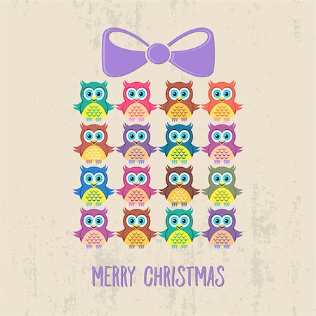 Creative merry christmas card with owls and present Stock Photo - Budget Royalty-Free & Subscription, Code: 400-08200025