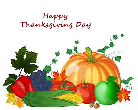 simsearch:400-05693764,k - Thanksgiving day greeting card. Design consist from pumpkin, pepper, tomato, apple, grape, corn, maple leaves and oak acorns on white background.  Very cute and warm colors. Vector illustration. Stock Photo - Budget Royalty-Free & Subscription, Code: 400-08200109
