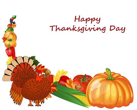 simsearch:400-05693764,k - Thanksgiving day greeting card. Design consist from pumpkin, pepper, tomato, apple, grape, corn, oak leaves, acorns and turkey  on white background.  Very cute and warm colors. Vector illustration. Stock Photo - Budget Royalty-Free & Subscription, Code: 400-08200111