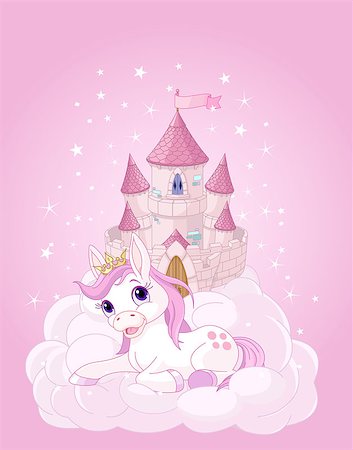 Illustration of the pink fairy castle and unicorn Stock Photo - Budget Royalty-Free & Subscription, Code: 400-08200176