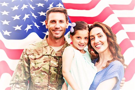 family with american flag - Soldier reunited with family against rippled us flag Stock Photo - Budget Royalty-Free & Subscription, Code: 400-08200558
