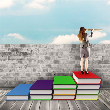 Businesswoman looking through a telescope against brick lined wall covering half sky Stock Photo - Budget Royalty-Free & Subscription, Code: 400-08224074