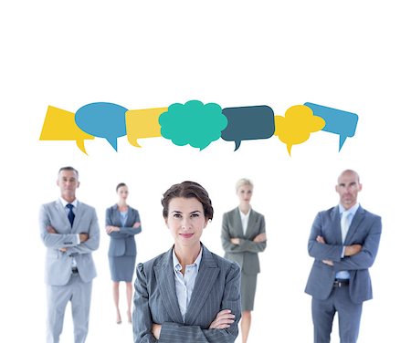 simsearch:400-06879270,k - Businesswoman colleagues arm crossed against speech bubbles Stock Photo - Budget Royalty-Free & Subscription, Code: 400-08224605