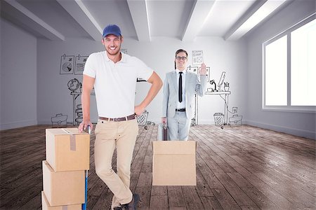 Happy delivery man leaning on trolley of boxes against doodle office in room Stock Photo - Budget Royalty-Free & Subscription, Code: 400-08224625