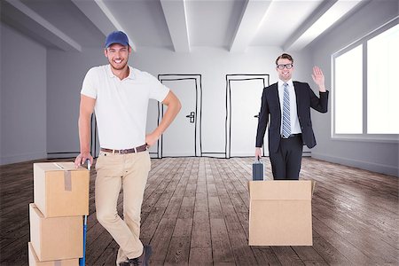 Happy delivery man leaning on trolley of boxes against doodle doors in room Stock Photo - Budget Royalty-Free & Subscription, Code: 400-08224622