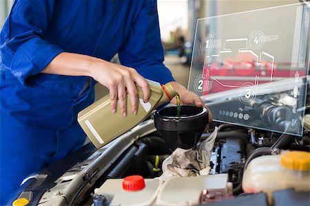 Engine interface against mechanic pouring oil into car Stockbilder - Microstock & Abonnement, Bildnummer: 400-08224702