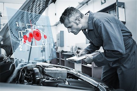 Engine interface against mechanic examining under hood of car Stock Photo - Budget Royalty-Free & Subscription, Code: 400-08224776