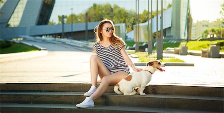 simsearch:400-08430017,k - Hipster Fashion Woman with her Dog in the City. Modern Youth Lifestyle Concept. Stock Photo - Budget Royalty-Free & Subscription, Code: 400-08221696