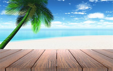 simsearch:400-09068018,k - 3D render of a wooden table looking out to a beach with palm tree Stock Photo - Budget Royalty-Free & Subscription, Code: 400-08222184