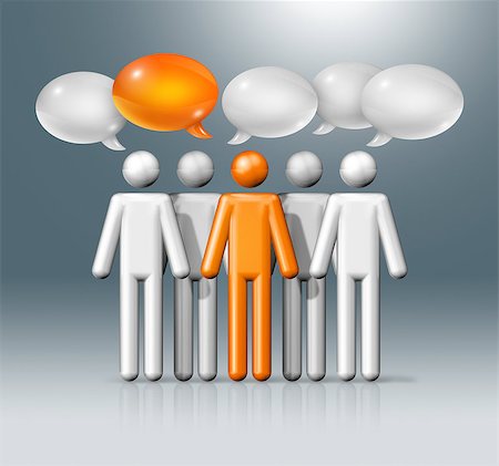 person words speech bubble not phone not outdoors - three dimensional group of stick figures people with speech bubbles, communication symbol, white and orange Stock Photo - Budget Royalty-Free & Subscription, Code: 400-08223545