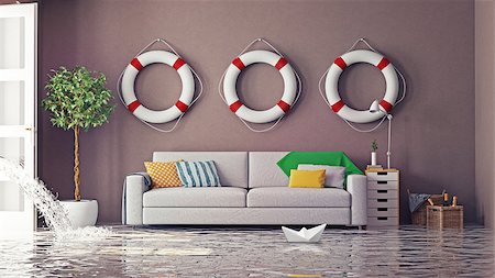 flooded living room - flooding in  interior. 3d creative concept Stock Photo - Budget Royalty-Free & Subscription, Code: 400-08254053