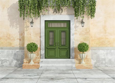 Entrance of a country house with green classic front door - 3D Rendering Photographie de stock - Aubaine LD & Abonnement, Code: 400-08254158