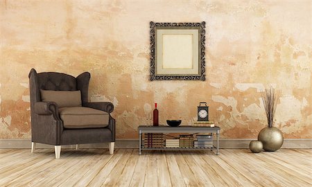 Retro room with leather armchair on old wooden floor - 3D Rendering Stock Photo - Budget Royalty-Free & Subscription, Code: 400-08254160