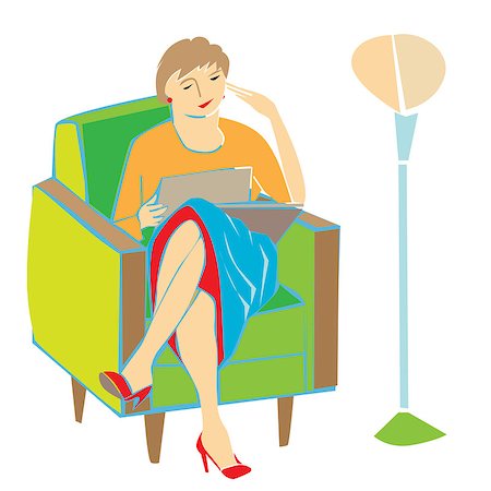 Woman reading or watching pictures sitting on an armchair, hand drawn cartoon illustration isolated on white Stock Photo - Budget Royalty-Free & Subscription, Code: 400-08254318