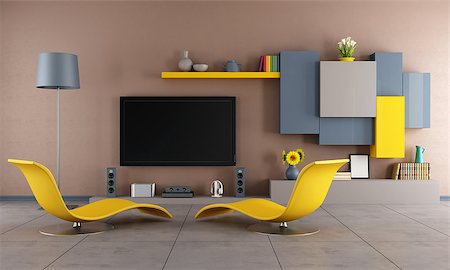 flat tv on wall - Colorful living room with two chaise-lounge and Tv set - 3d Rendering Stock Photo - Budget Royalty-Free & Subscription, Code: 400-08254592