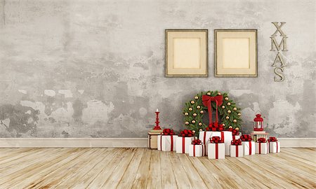 empty old living room - Vintage interior with christmas present and wreath on old wooden floor - 3D Rendering Foto de stock - Super Valor sin royalties y Suscripción, Código: 400-08254757