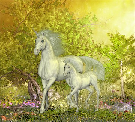 simsearch:400-06205526,k - A white mother unicorn leads her colt through the magical forest full of spring flowers. Foto de stock - Super Valor sin royalties y Suscripción, Código: 400-08254751