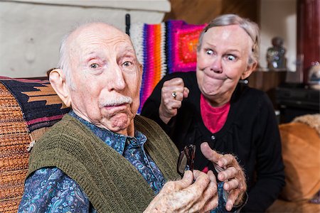 elderly couple concern - Arguing senior woman with clenched fist and confused husband Stock Photo - Budget Royalty-Free & Subscription, Code: 400-08254989