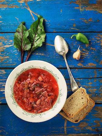 simsearch:400-06088770,k - Beet soup - borsch on the blue wooden table with bread Stock Photo - Budget Royalty-Free & Subscription, Code: 400-08255044