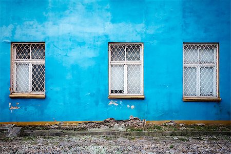 exterior window designs frames - Three windows on old blue plastered wall Stock Photo - Budget Royalty-Free & Subscription, Code: 400-08255209