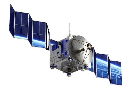 simsearch:400-08221425,k - Satellite Deploys Solar Panels. 3D Model Over White Background. Stockbilder - Microstock & Abonnement, Bildnummer: 400-08255217