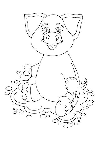 Vector illustration of cute pig in a puddle, funny piggy sits on dirt puddle, coloring book page for children Stock Photo - Budget Royalty-Free & Subscription, Code: 400-08255616